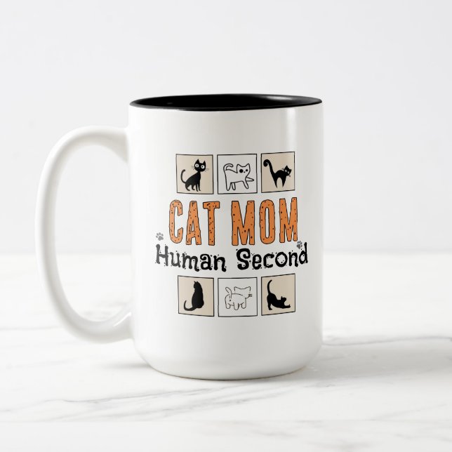 Cat Mum Human Second Funny Cat Lover White Two-Tone Coffee Mug (Left)