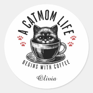 Cat Mum Life Begins with Coffee - personalised Classic Round Sticker