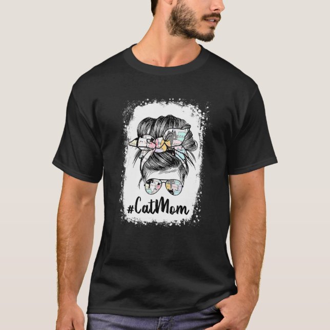Cat Mum Messy Bun Paws Yello Bandanna Glasses Moth T-Shirt (Front)