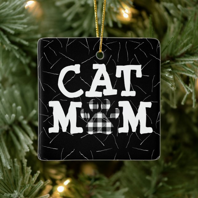 Cat Mum Pawprint with Cat Hairs Ceramic Ornament (Tree)
