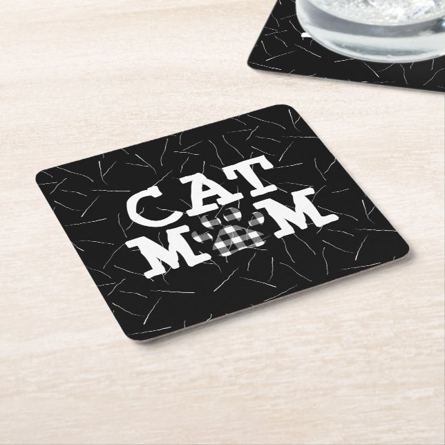 Cat Mum Pawprint with Cat Hairs  Square Paper Coaster (Angled)