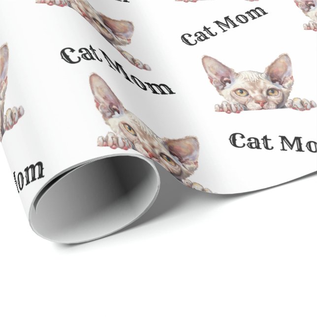 Cat Mum Peeking Devon Rex Repeating Pattern Wrapping Paper (Roll Corner)