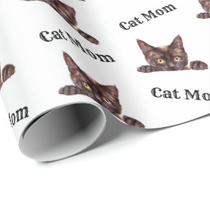 Cat Mum Peeking Havana Brown Watercolor Pattern Wrapping Paper