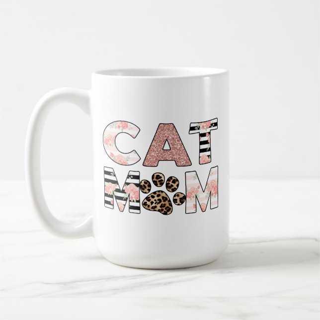 Cat Mum Pink Floral & Leopard Paw Coffee Mug (Left)