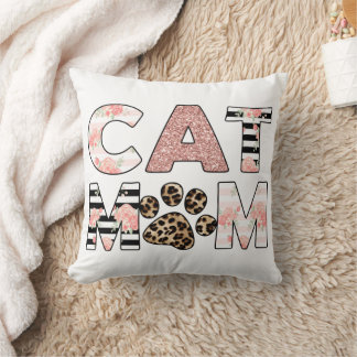 Cat Mum Pink Floral & Leopard Paw Cushion