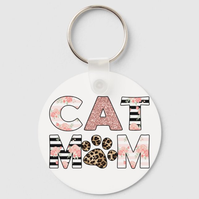 Cat Mum Pink Floral & Leopard Paw Key Ring (Front)