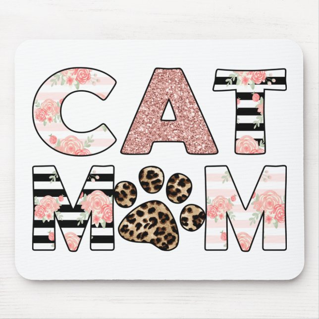 Cat Mum Pink Floral & Leopard Paw Mouse Pad (Front)