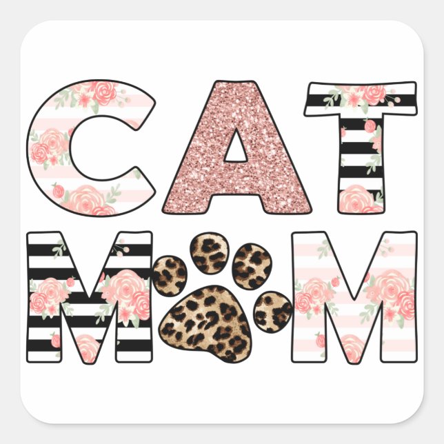 Cat Mum Pink Floral & Leopard Paw Square Sticker (Front)