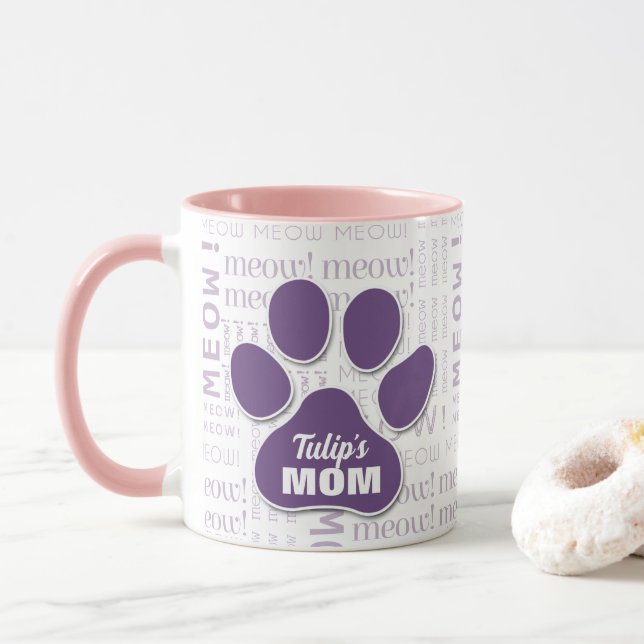 Cat Mum Purple Paw Print with Cat's Name Mug (With Donut)