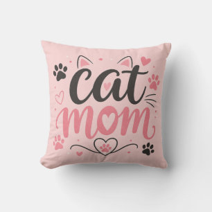 Cat Mum Throw Pillow - Pink Paw Prints and Hearts