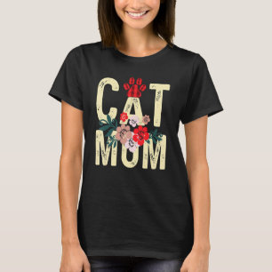 Cat Mum Vintage Flowers Red Plaid Cat Paw Kitty W T-Shirt