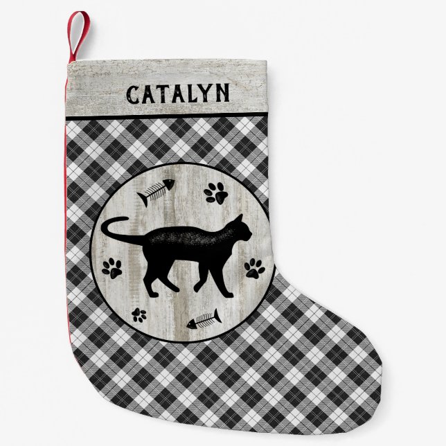 Cat Name Rustic Farmhouse Checker Plaid Wood Paws Small Christmas Stocking (Front)
