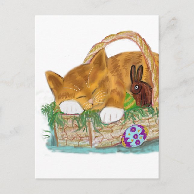 Cat Nap in an Easter Basket Holiday Postcard (Front)