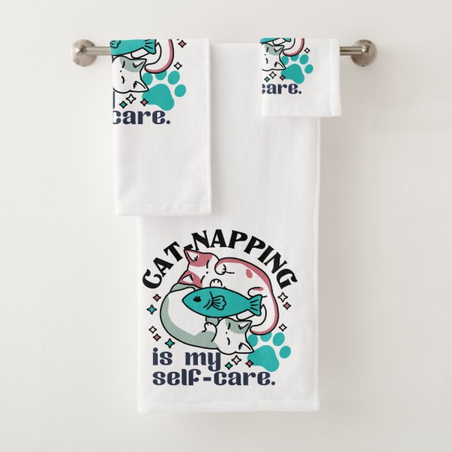 Cat-Napping Is My Self-Care: Cute Sleepy Cats Bath Towel Set (Insitu)