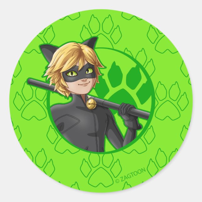 Cat Noir Green Badge Classic Round Sticker (Front)