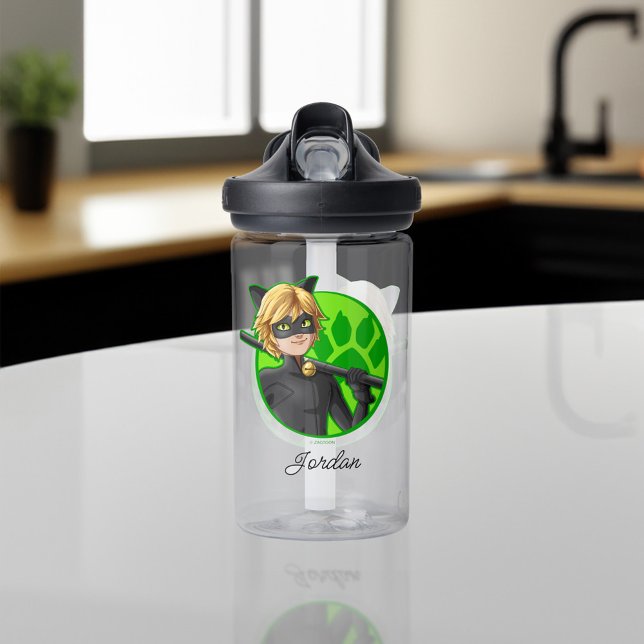 Cat Noir Green Badge Water Bottle (Water bottle on counter)