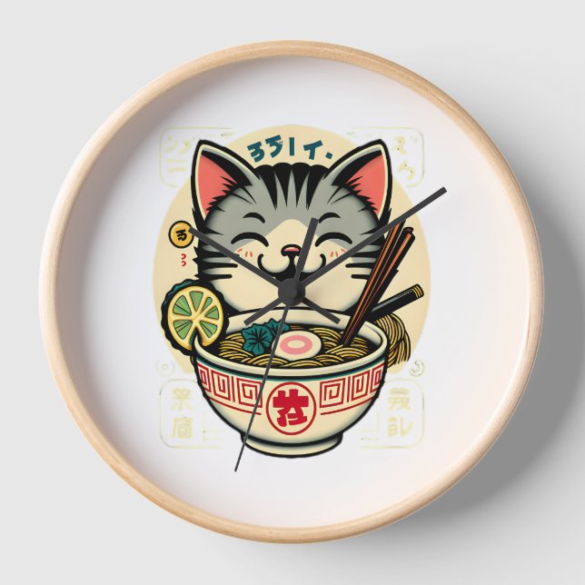 Cat Noodle Japanese Anime ga Kawaii Cat Clock (Front)