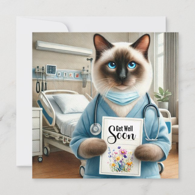 Cat Nurse with flower with Get well Soon Card (Front)