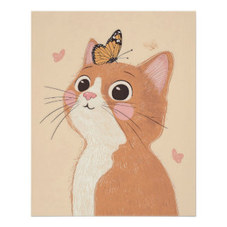 Cat Nursery Print, Butterfly Wall Art, Neutral Art Poster