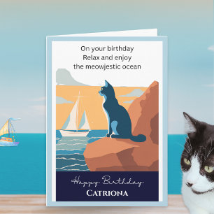 Cat Ocean View Retro Personalised Happy Birthday Card