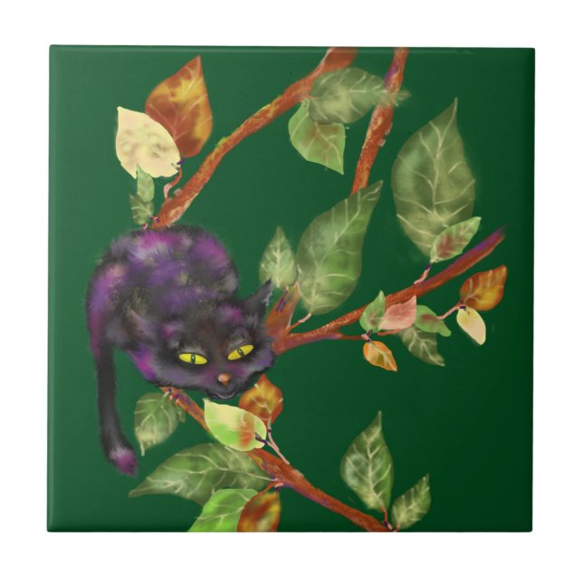 Cat on a branch ceramic tile (Front)