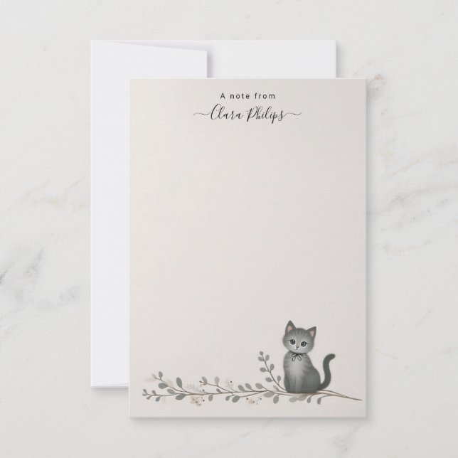 Cat on a branch note card with name (Front)