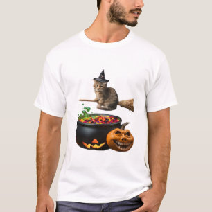 Cat on a broomstick on Halloween. Classic T-Shirt