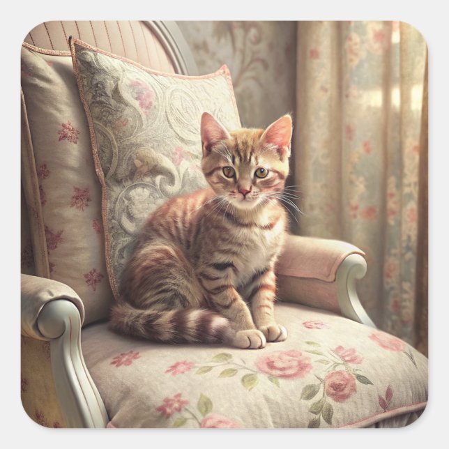 Cat on a chair (Shabby Chic) Square Sticker (Front)