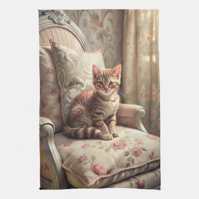 Cat on a chair (Shabby Chic) Tea Towel (Vertical)