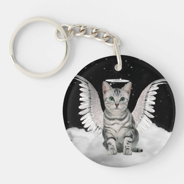 Cat on a Cloud Angel Silver Tabby Key Ring (Front)