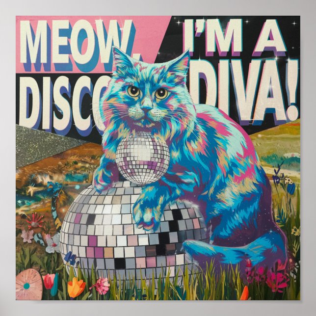 cat on a disco ball disco diva poster (Front)