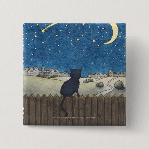 Cat on a fence looking at night sky above city 15 cm square badge