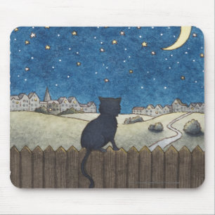 Cat on a fence looking at night sky above city mouse pad