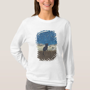 Cat on a fence looking at night sky above city T-Shirt