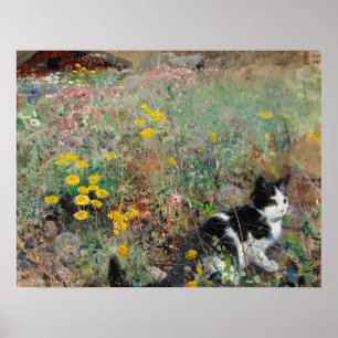 Cat on a Flowery Meadow, Bruno Liljefors Poster