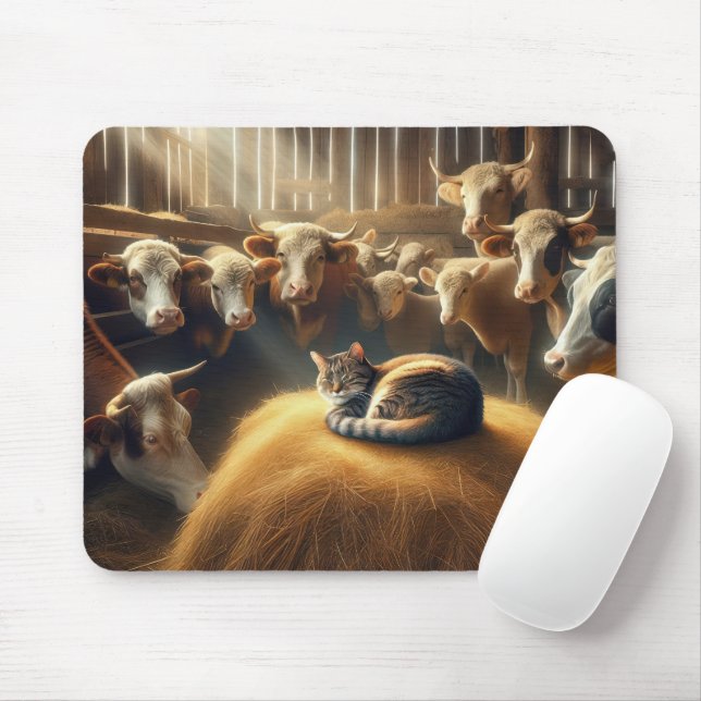 Cat On a Hay Bale Mouse Pad (With Mouse)
