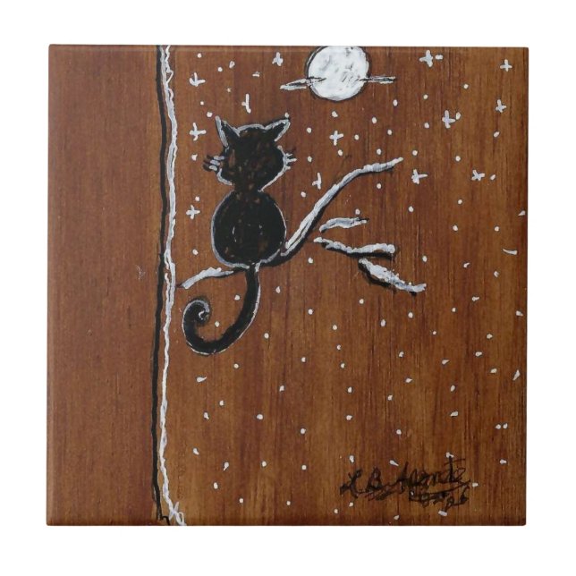 Cat on a Limb with the Moon Ceramic Tile (Front)
