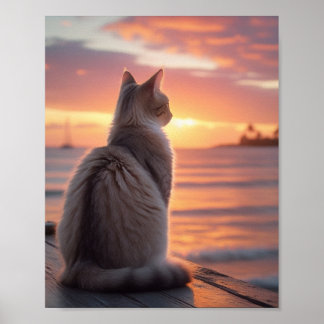 Cat on a Pier with a Sunset and Oceanic Backdrop Poster