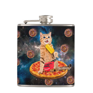Cat on a pizza eating ice lolly hip flask