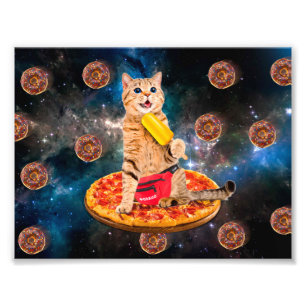 Cat on a pizza eating ice lolly photo print
