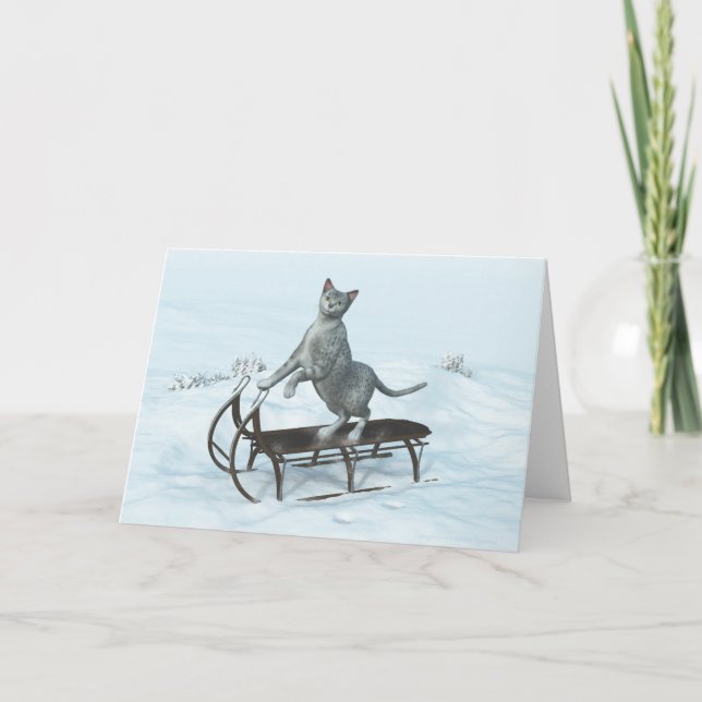 Cat on a sledding holiday card (Front)