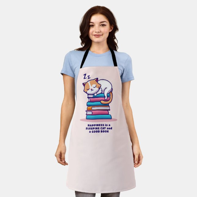 Cat on a Stack of Books Cute Personalised Literary Apron (Worn)