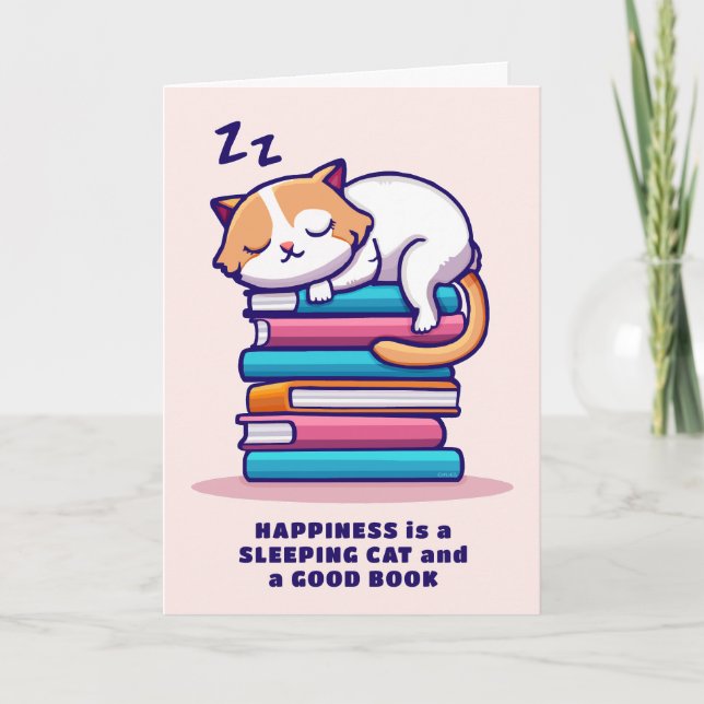 Cat on a Stack of Books Cute Personalised Literary Card (Front)