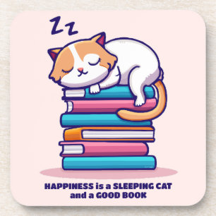 Cat on a Stack of Books Cute Personalised Literary Coaster