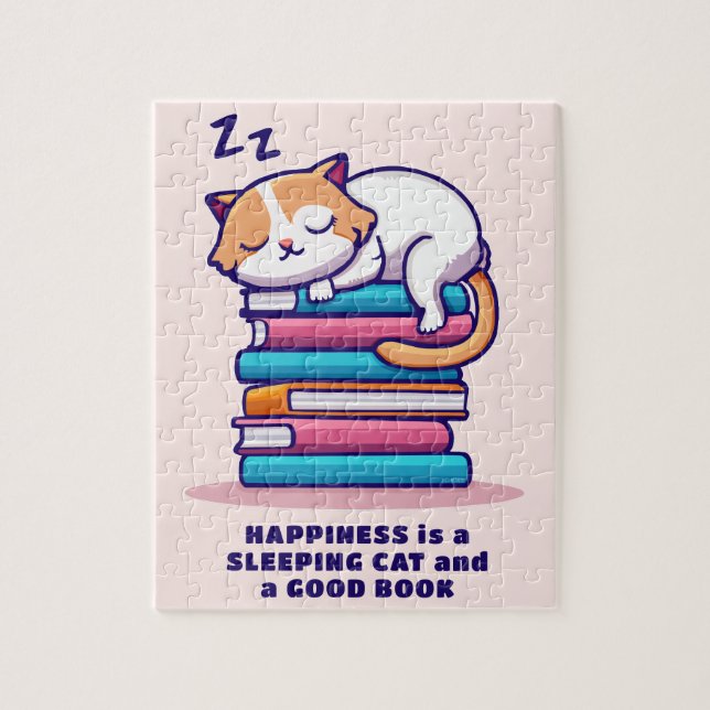 Cat on a Stack of Books Cute Personalised Literary Jigsaw Puzzle (Vertical)