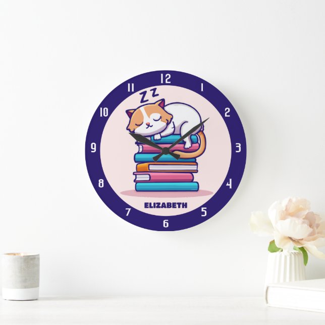 Cat on a Stack of Books Cute Personalised Literary Large Clock (Home)