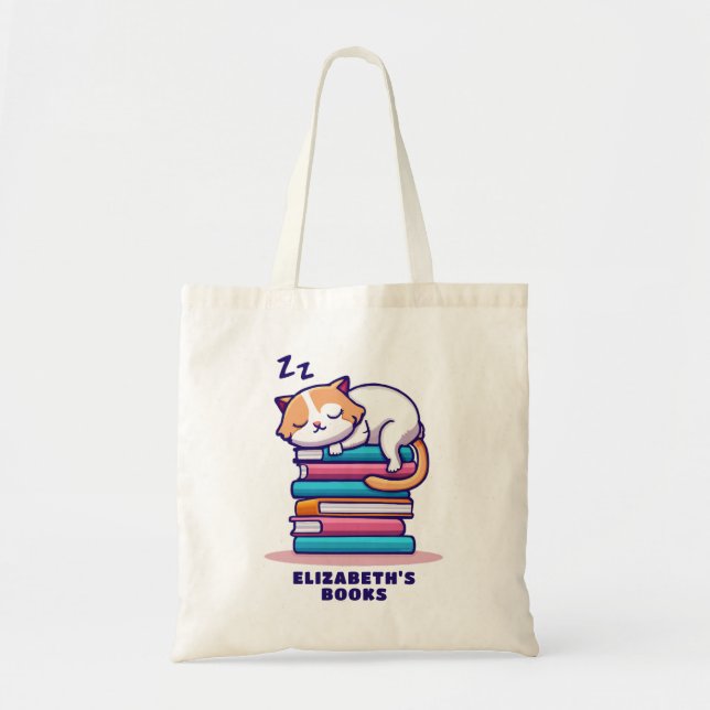 Cat on a Stack of Books Cute Personalised Literary Tote Bag (Front)
