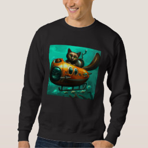Cat on a submarine in water Unusual situation Sweatshirt