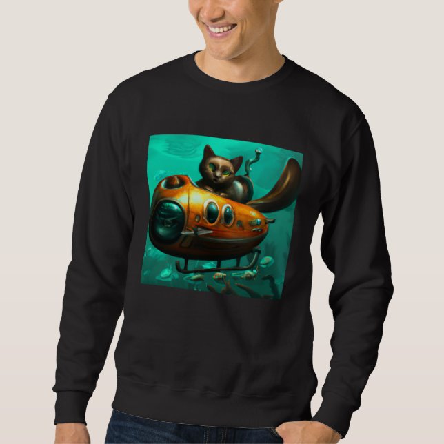 Cat on a submarine in water Unusual situation Sweatshirt (Front)