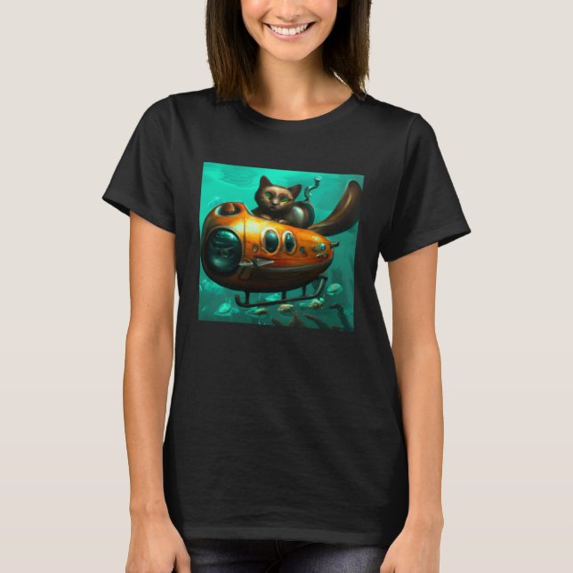 Cat on a submarine in water Unusual situation T-Shirt (Front)
